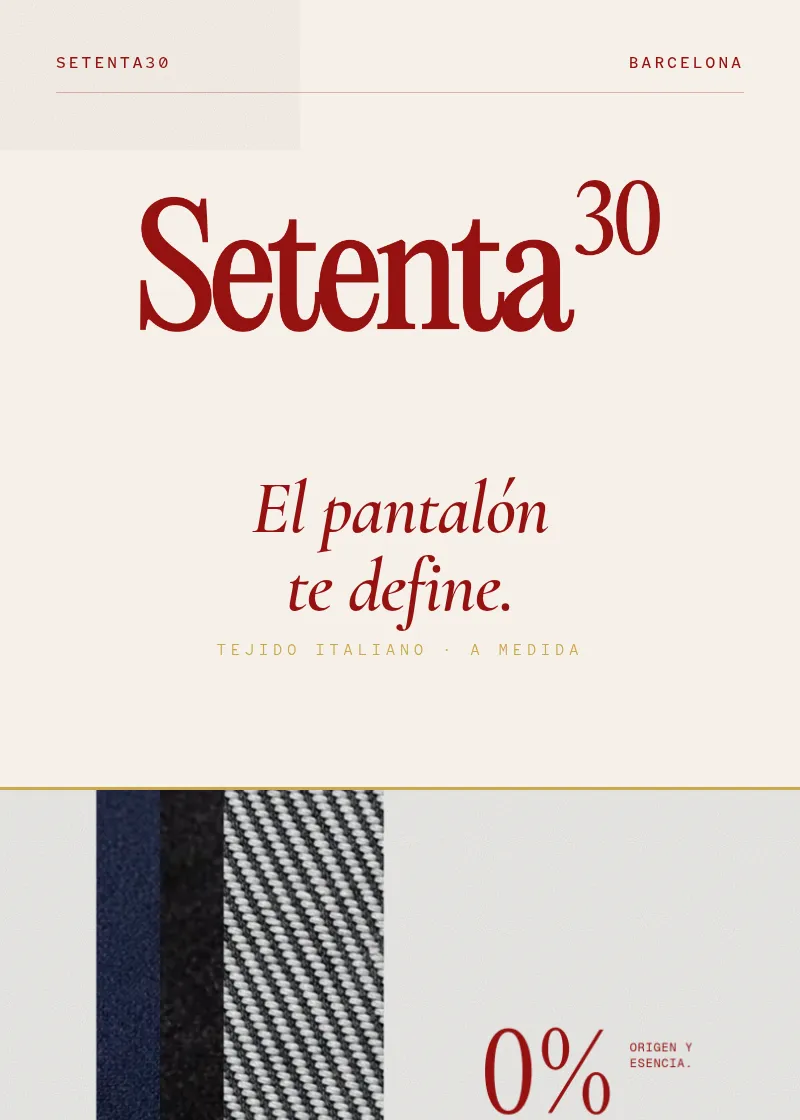 Recorte de Setenta30: «El pantalón te define.» en serif roja sobre crema