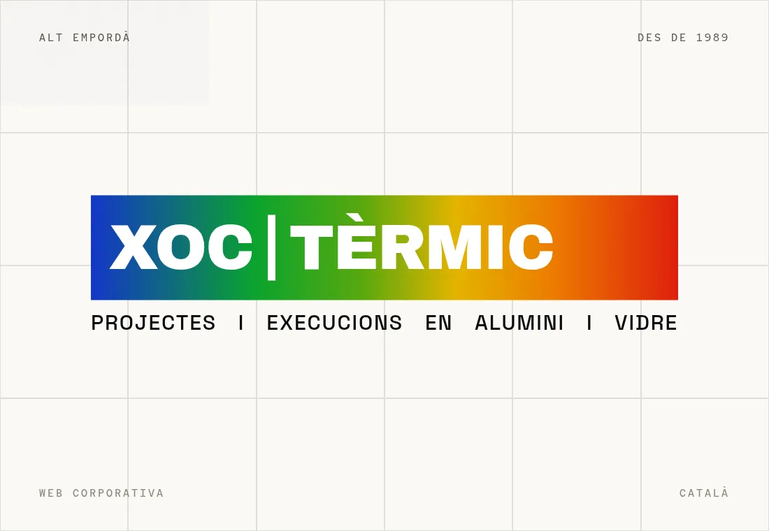 Recorte de Xoc Tèrmic: wordmark con gradiente térmico sobre retícula de muro cortina